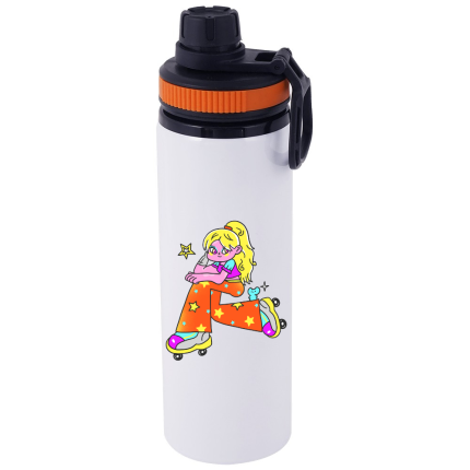 600ml Aluminum Water Bottle with Orange Rim White 2