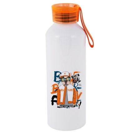 750ml Aluminium Bottle with Orange screw cap and matching strap White 2