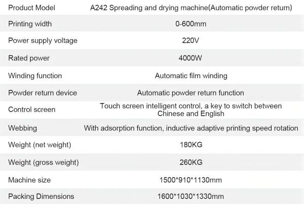 Spreading and drying machine (Automatic powder return) parameters